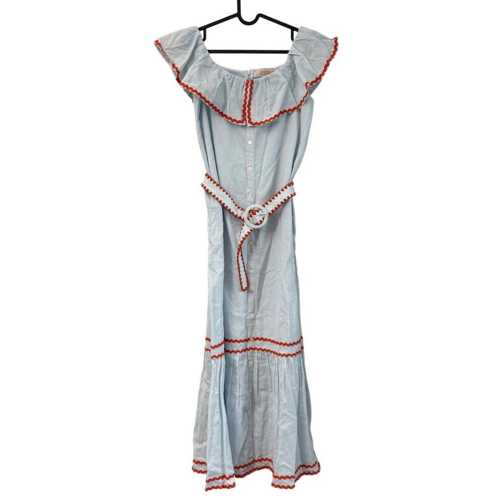 Masons Daughter Blue Orange Ric Rac Trim Linen Belted Dress Medium Womens NEW - Picture 4 of 10